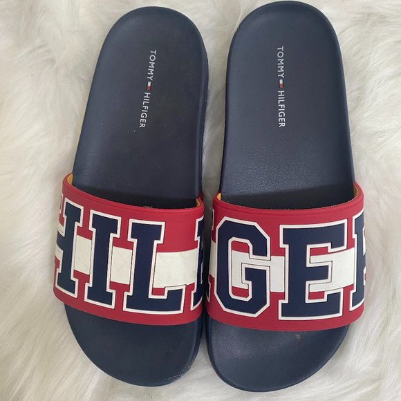 SOLD TOMMY HILFIGER "Hilfiger" Sandals Slides Red White Blue NWOT - Picture 1 of 9